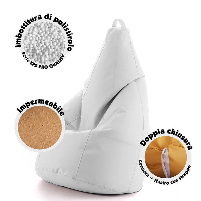 Outlet -  Avalon Pouf Poltrona Sacco Pera in Finta pelle Jazz di Dim. 70x130cm Made in Italy + Pochette Omaggio Colore Bianco