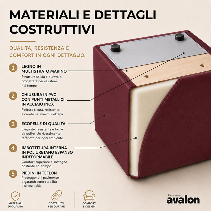 Avalon Rigid Cube Pouf Faux Leather Mamba Trendy Class 1-IM Fire Retardant for Indoor and Outdoor Use. Dimensions: Width 35 cm X Depth 35 cm X Height 35 cm 