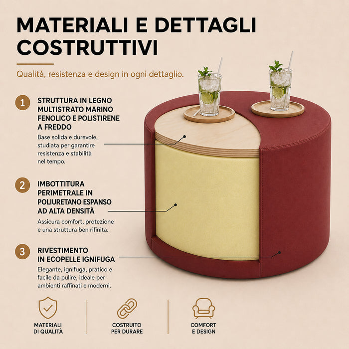 Avalon Tavolino Pouf Rigido Cilindro Similpelle Mamba Trendy Classe 1-IM Ignifugo per Interno ed Esterno. Dim: Ø45 cm X H40 cm