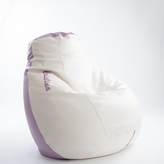 Outlet - Pouf sacco XXL Bi-colore Bianco\Lilla in ecopelle dim: Ø110xh110 cm con scritta personalizzata