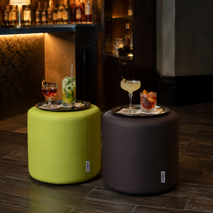 Avalon Rigid Cylinder Pouf Table in Mamba Trendy Faux Leather, Class 1-IM, Fire Retardant, for Indoor and Outdoor Use. Dimensions: Ø35 cm X H32 cm
