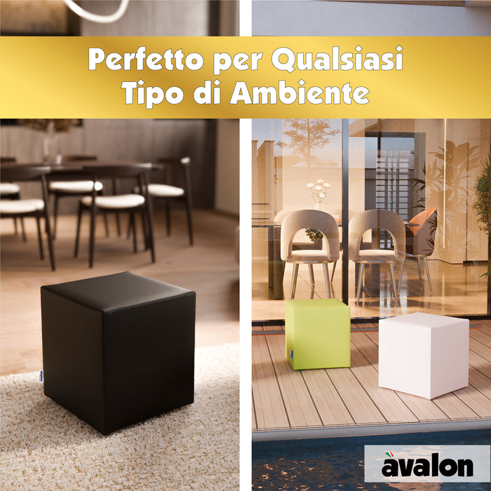 Avalon Jazz Rigid Cube Pouf in Faux Leather for Indoor and Outdoor Use. Dimensions: Width 40 cm X Depth 40 cm X Height 43 cm