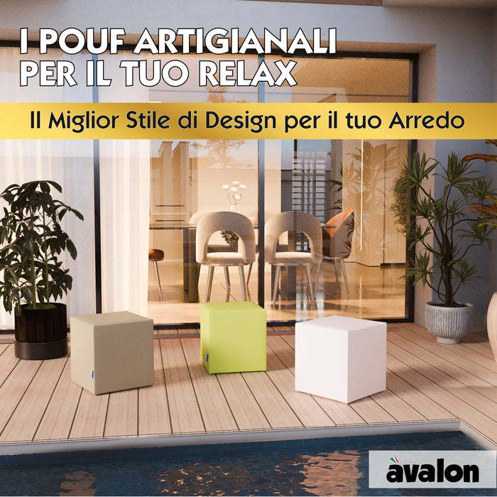Avalon Jazz Rigid Cube Pouf in Faux Leather for Indoor and Outdoor Use. Dimensions: Width 40 cm X Depth 40 cm X Height 43 cm
