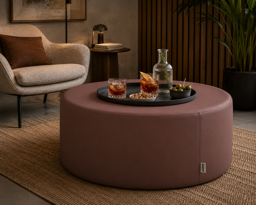 Avalon Tavolino Pouf cilindro rigido Similpelle Mamba Trendy Classe 1-IM Ignifugo per Interno ed Esterno. Dim: Ø90 cm X H40 cm