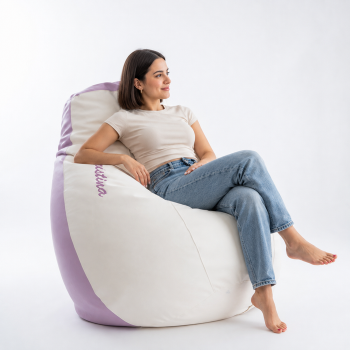 Outlet - Pouf sacco XXL Bi-colore Bianco\Lilla in ecopelle dim: Ø110xh110 cm con scritta personalizzata