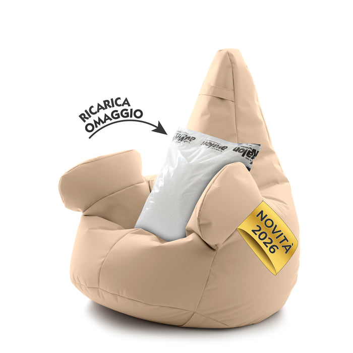 Pouf poltrona sacco con braccioli Ploof, Avalon in tessuto poliestere Jive per interno Imbottito. Dim: Ø85 x H90 cm