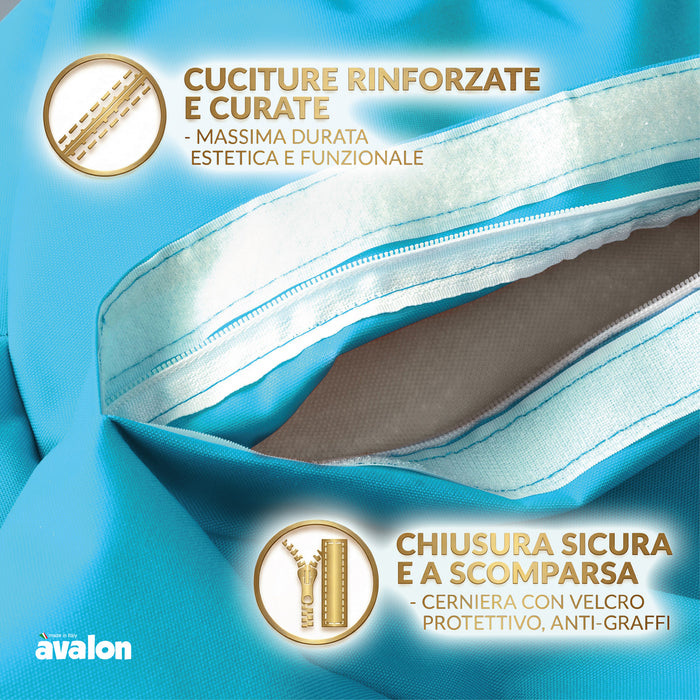 Ploof beanbag chair with Avalon footrest in Jive polyester fabric for indoor use. Dimensions: Ø80 x H80 cm.