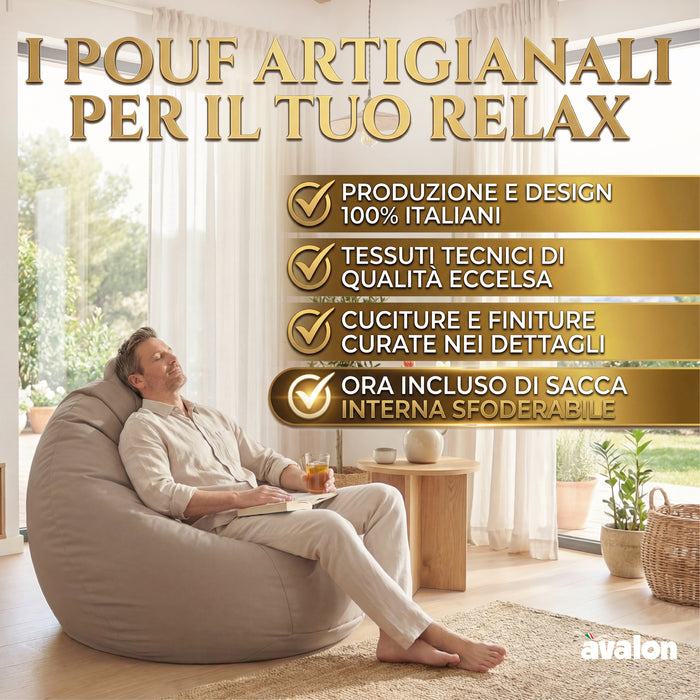 Ploof beanbag chair with Avalon footrest in Jive polyester fabric for indoor use. Dimensions: Ø80 x H80 cm.