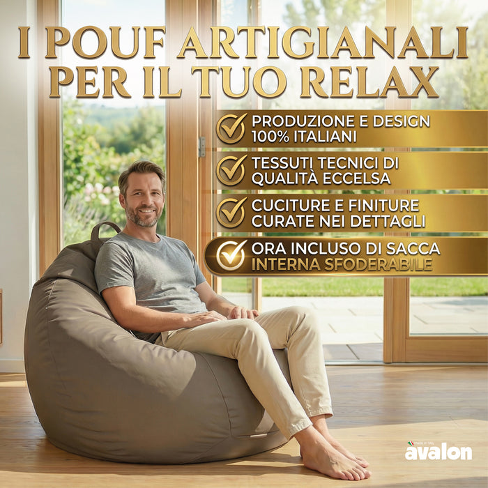 Ploof beanbag chair with Avalon footrest in Jive polyester fabric for indoor use. Dimensions: Ø80 x H80 cm.