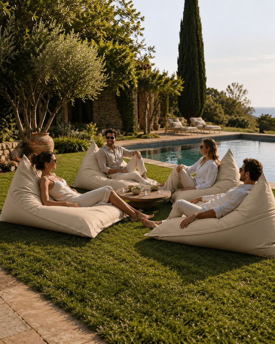 Shongo large triangle-shaped pouf in Samba fabric for outdoor use, size: 140x175 cm