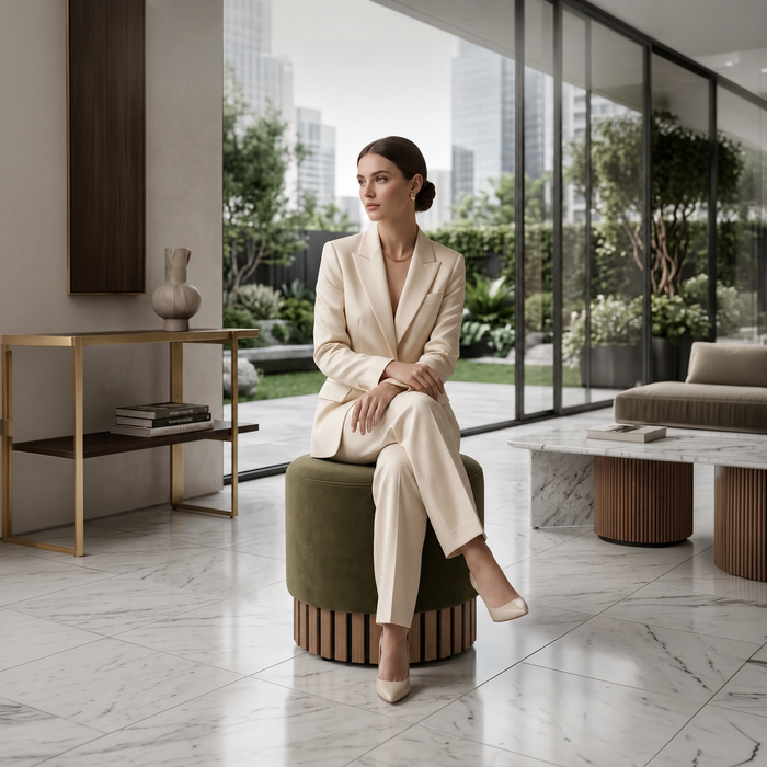 Pouf Classic Wood rigido in tessuto Antimacchia Nabù con tecnologia Aquaclean, Avalon per interno dim: Ø45xH43 cm
