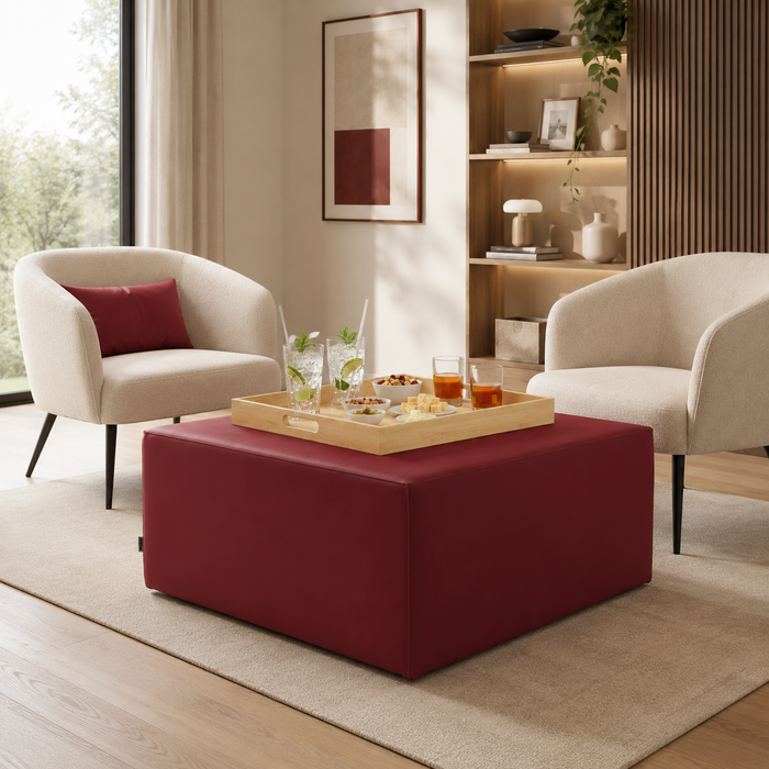 Avalon Rigid Cube Pouf Coffee Table in Faux Leather Mamba Trendy Class 1-IM Fireproof for Indoor and Outdoor Use. Dimensions: Width 90cm X Depth 90cm X Height 40cm 