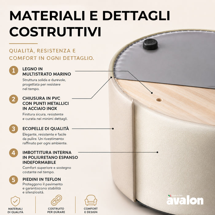 Avalon Rigid Cylinder Pouf Table in Mamba Trendy Faux Leather, Class 1-IM, Fire Retardant, for Indoor and Outdoor Use. Dimensions: Ø70 cm X H40 cm 