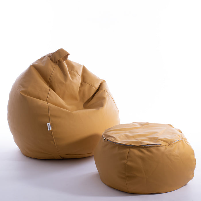Pouf Cod_044 in soft eco-leather with ocher yellow handle and footrest