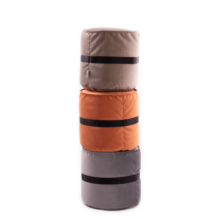 Belt footrest cylinder pouf in velvet with nylon belt