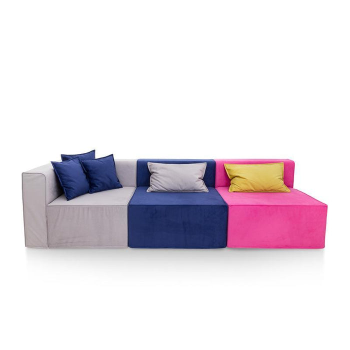 Magia Sofa Fuchsia And Blue Double Armchair With Gray Corner, Gray And Green Cushions, 3 Blue Cushions - Softhand Fabric - Avalon