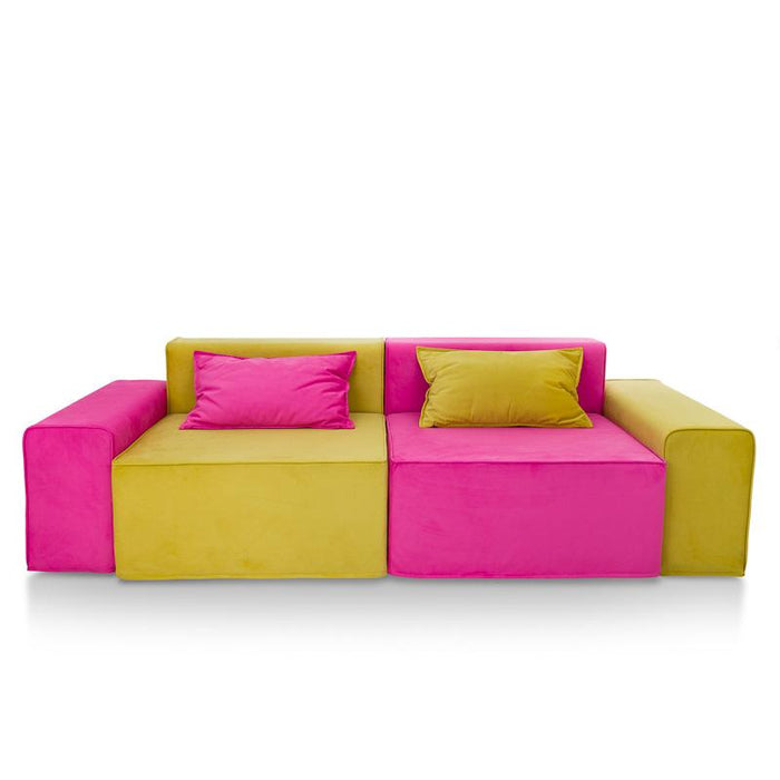 Magia Sofa Fuchsia And Blue Double Armchair With Two Fuchsia And Green Armrests, Gray And Green Cushions - Softhand Fabric - Avalon
