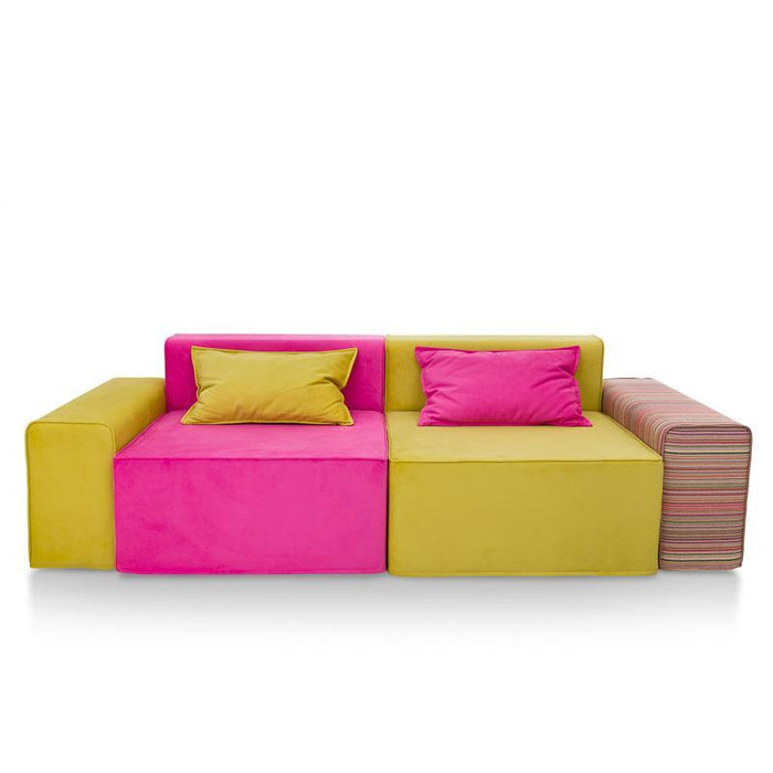 Magia Sofa Fuchsia And Blue Double Armchair With Two Fuchsia And Green Armrests, Gray And Green Cushions - Softhand Fabric - Avalon