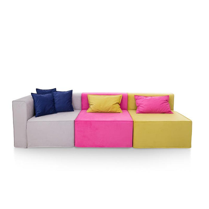 Magia Sofa Fuchsia And Blue Double Armchair With Gray Corner, Gray And Green Cushions, 3 Blue Cushions - Softhand Fabric - Avalon