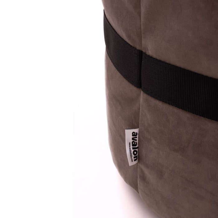 Belt footrest cylinder pouf in velvet with nylon belt